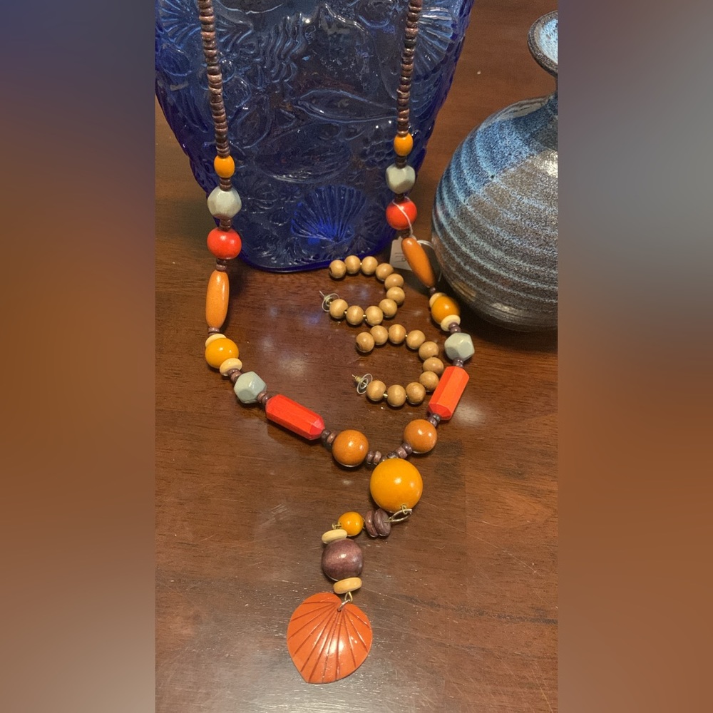 Wood beaded boho colorful 18” Necklace and wood‎ beaded Hoop earrings.